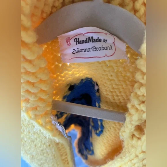 Darling VTG Hand Knit Yellow Cookie Monster Zip Up Sweater